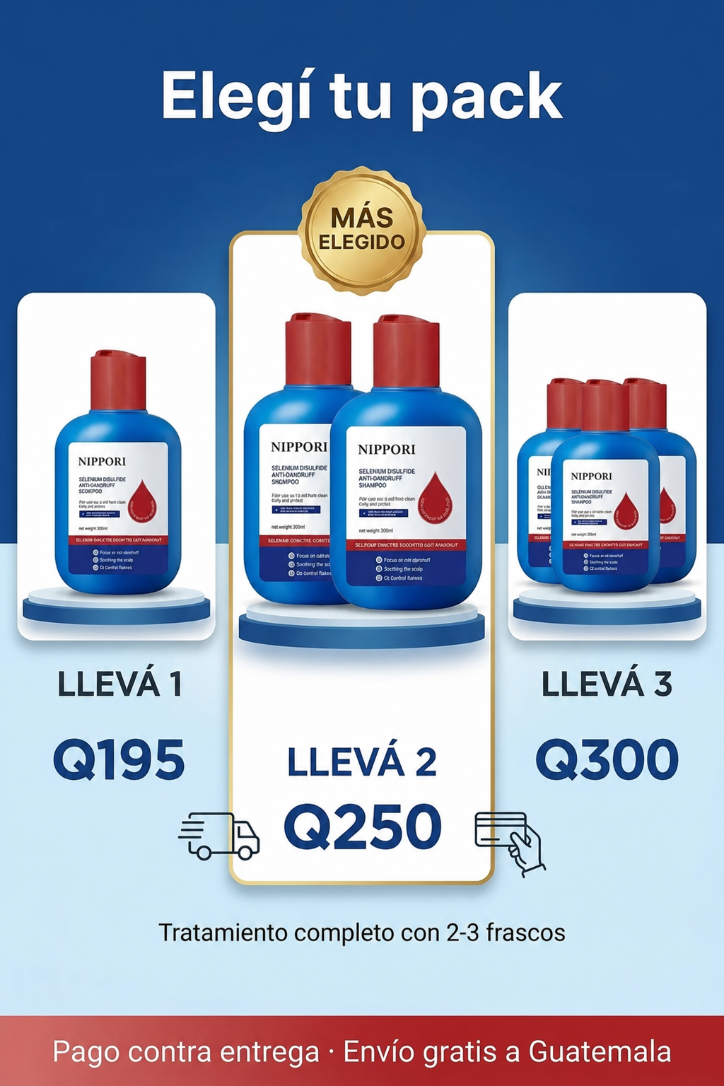 Packs NIPPORI: un frasco Q195, dos frascos Q250 y tres frascos Q300